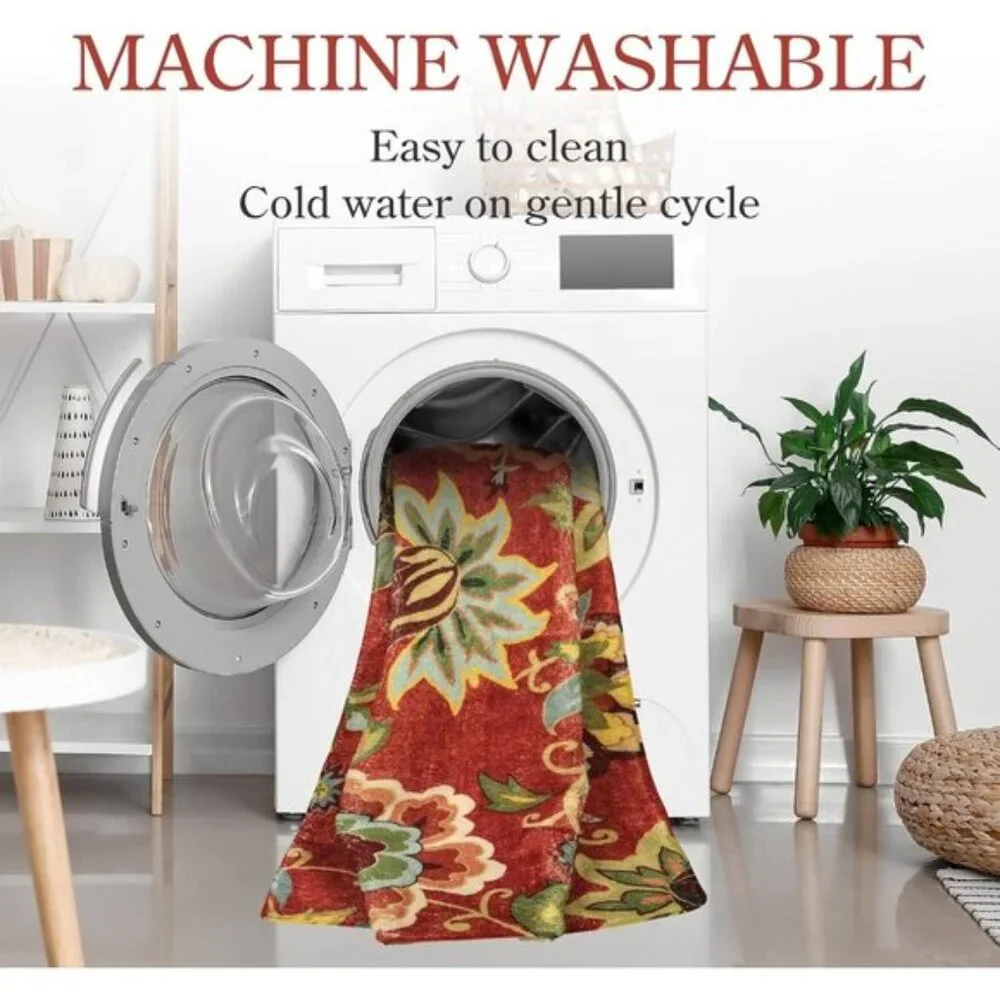 New 2 x 3ft Red Kitchen Area Rug, Washable Non-Slip Floral Mat for Home & Entry
